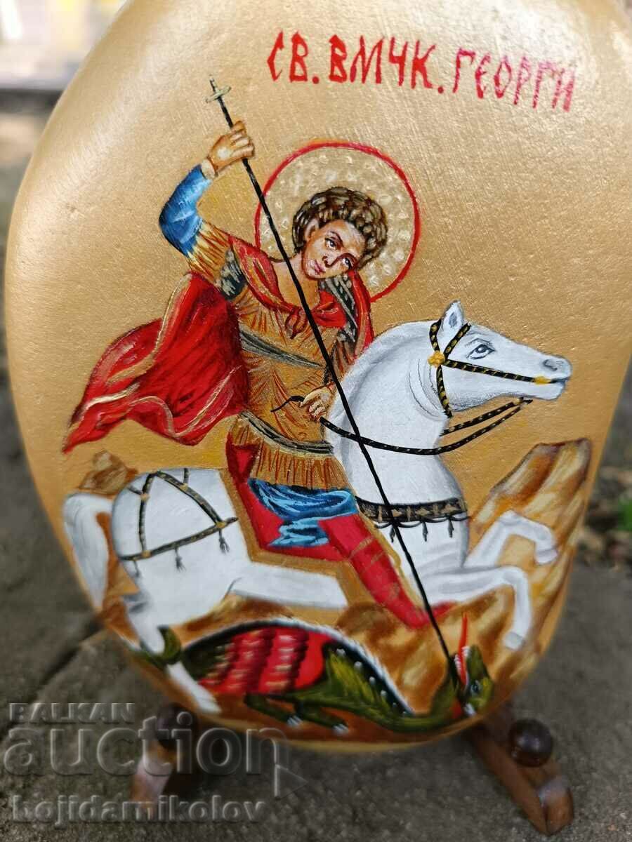 Hand painted icon of Saint George on stone. With stand